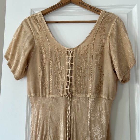 Boho Corset Crochet Golden Tan Embroidered V-Neck Dress w Sheer Insets - Picture 3 of 14